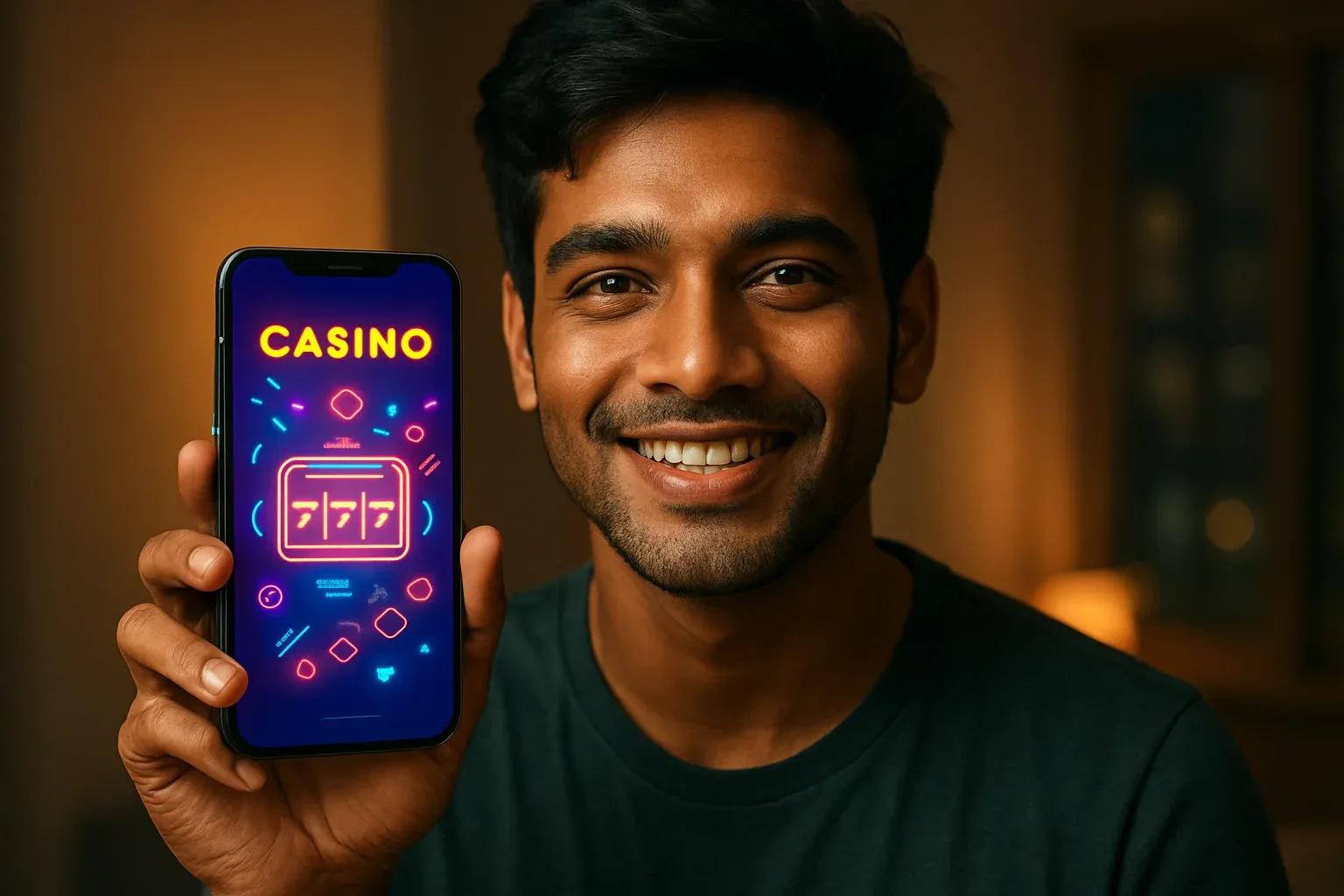Young Bangladeshi man holding smartphone showing colorful glowing casino app interface