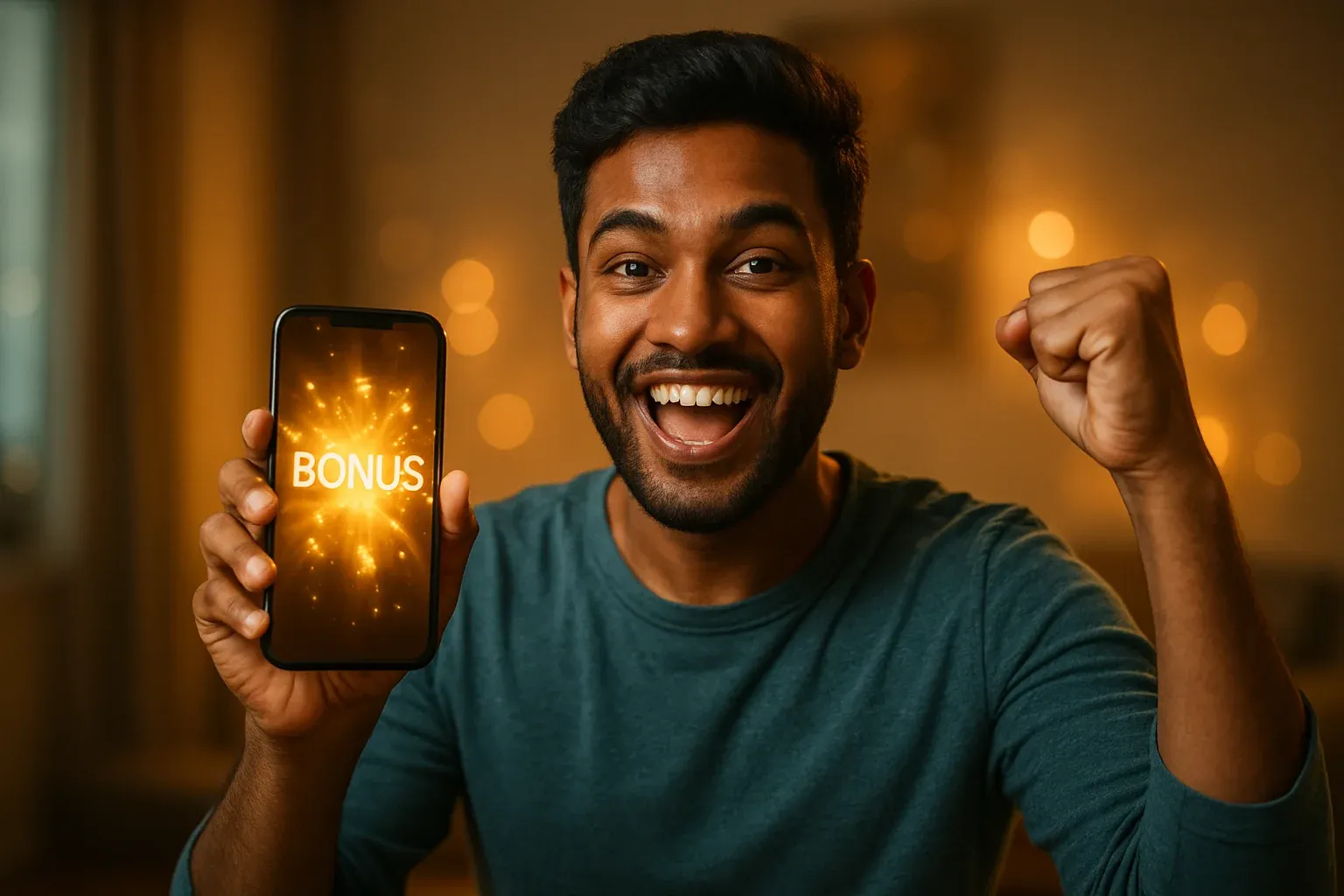 Joyful Bangladeshi man celebrating with smartphone showing glowing golden bonus UI