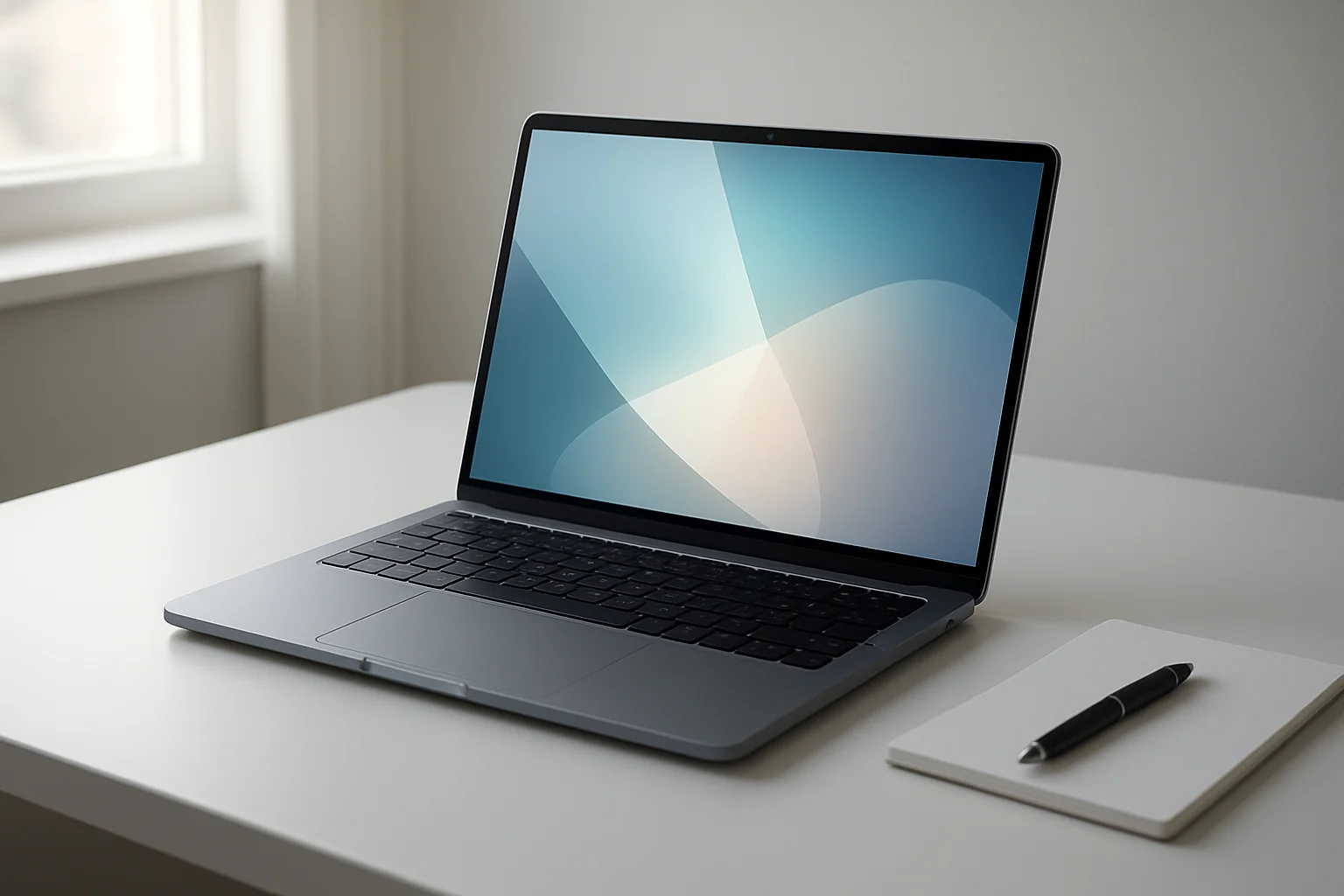 Modern laptop on white desk with abstract glowing screen in daylight