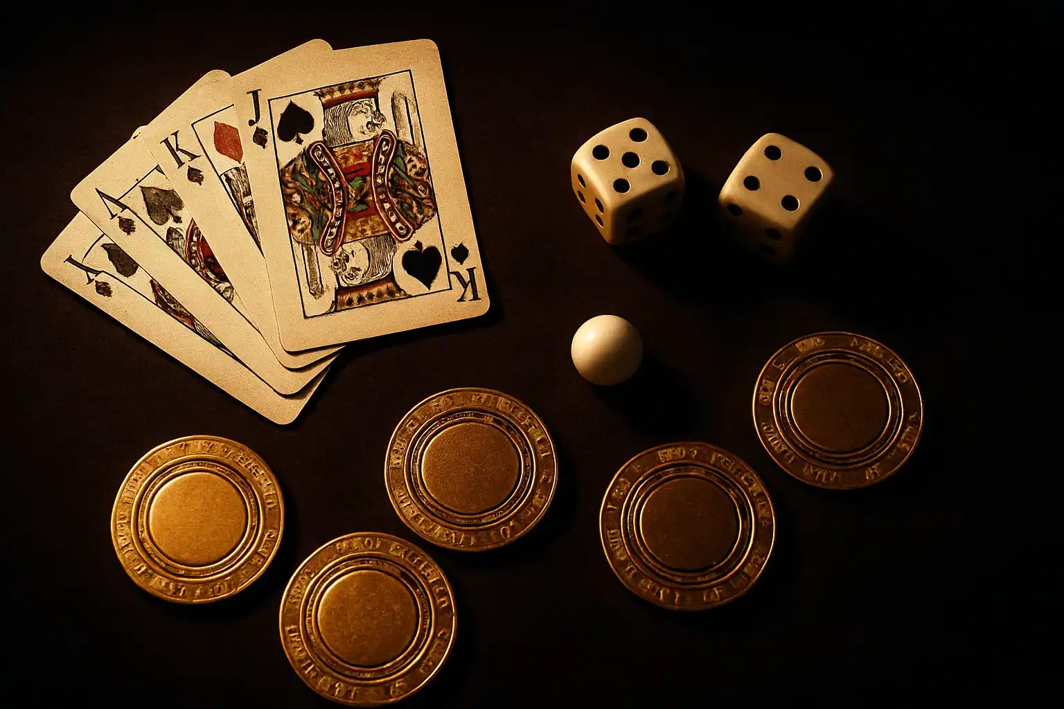 Top-down dark velvet casino scene with gold chips, cards, dice, roulette ball