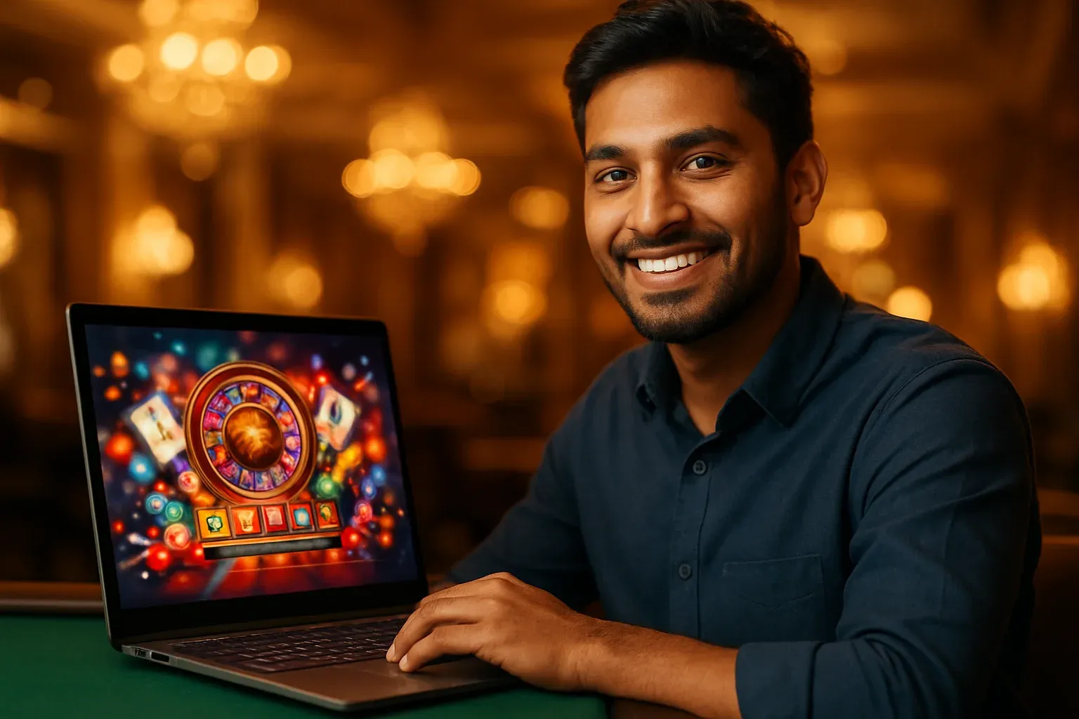 Cheerful Bangladeshi man smiling at open laptop in casino lounge