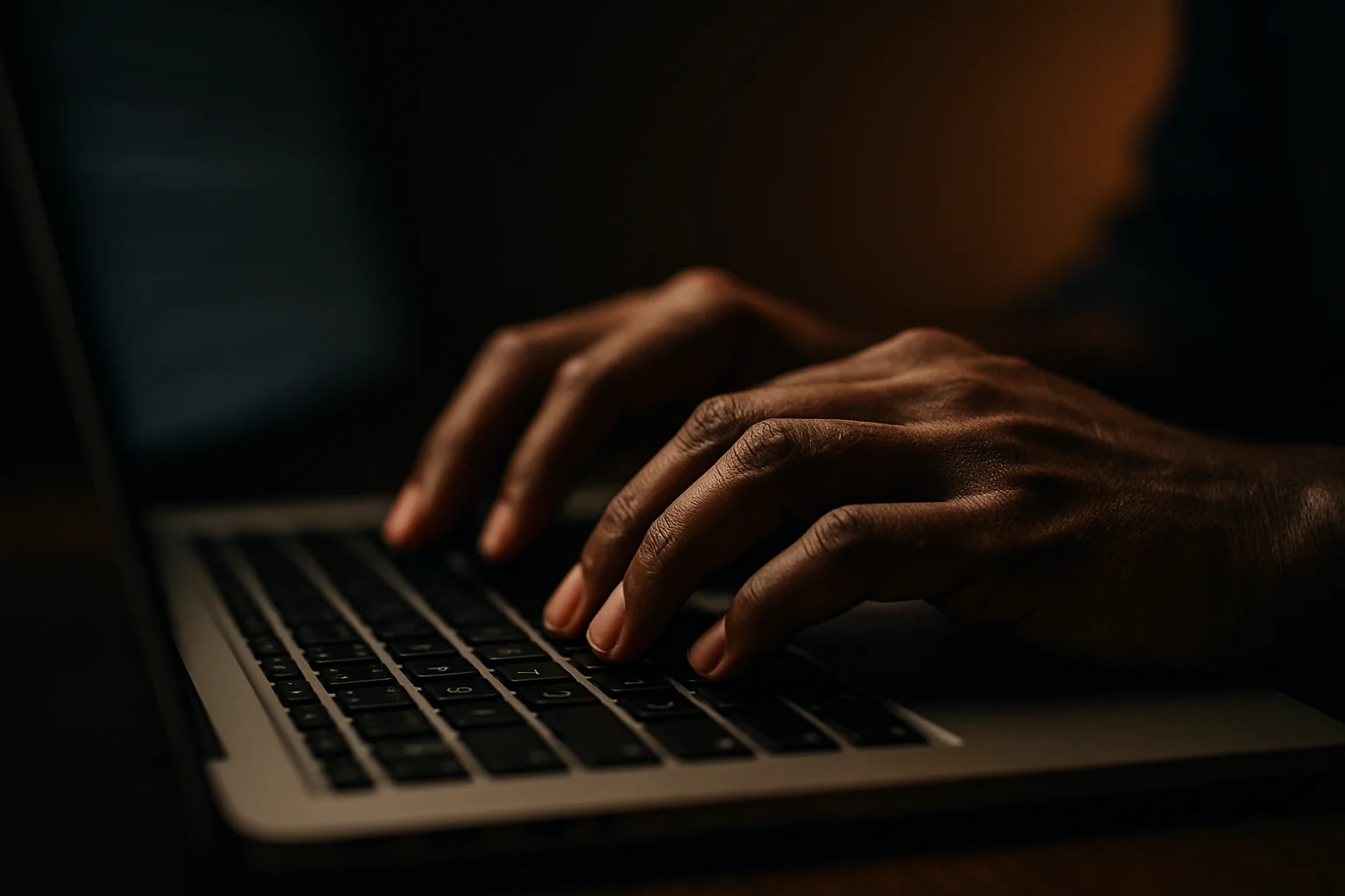 Close-up of Bangladeshi hands typing on laptop keyboard in dark light
