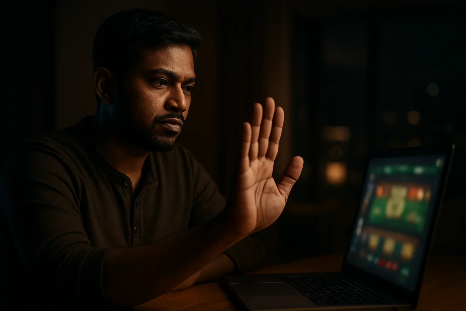Confident Bangladeshi man shows stop gesture beside blurred online casino laptop