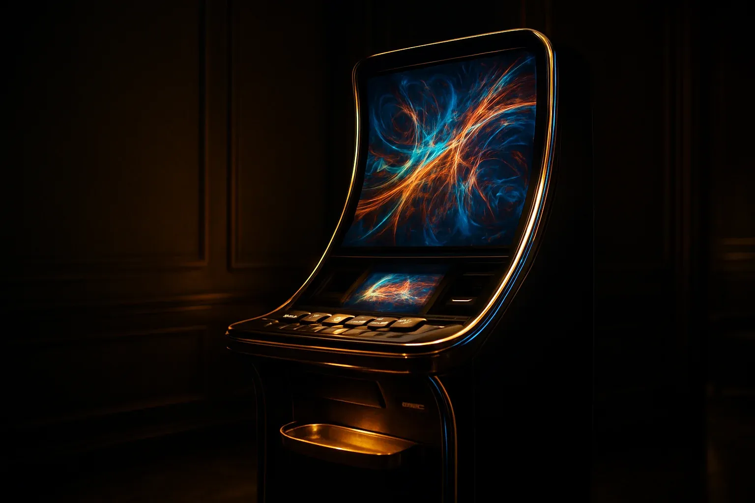 Premium slot machine in dark luxury setting with neon blue and gold lighting